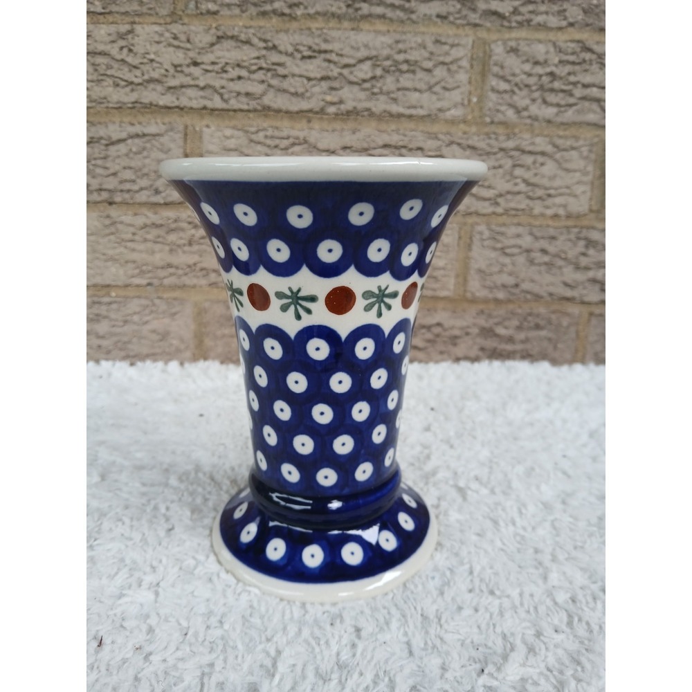 Zaklady Ceramics Boleslawiec Polish Pottery Trumpet Vase Peacock Eye Pattern 6in